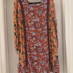 Matilda Jane Size Medium Boho Floral Panel Midi Dress in Rust and Blue